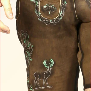 Brown Men Lederhosen with Green Deer Motifs 4