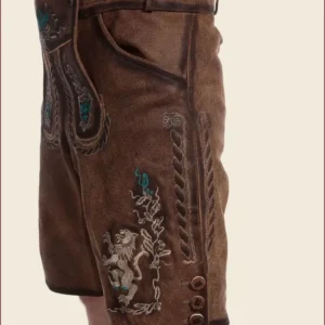 Deep Brown Bavarian Lederhosen with Blue Embroidery
