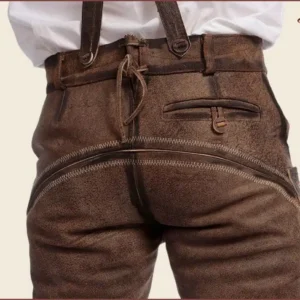 Deep Brown Bavarian Lederhosen with Blue Embroidery