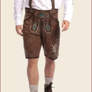 Deep Brown Bavarian Lederhosen with Blue Embroidery