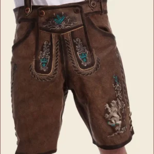 Deep Brown Bavarian Lederhosen with Blue Embroidery