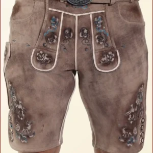 Faded Brown Mens Lederhosen with Sky Blue Embroidery