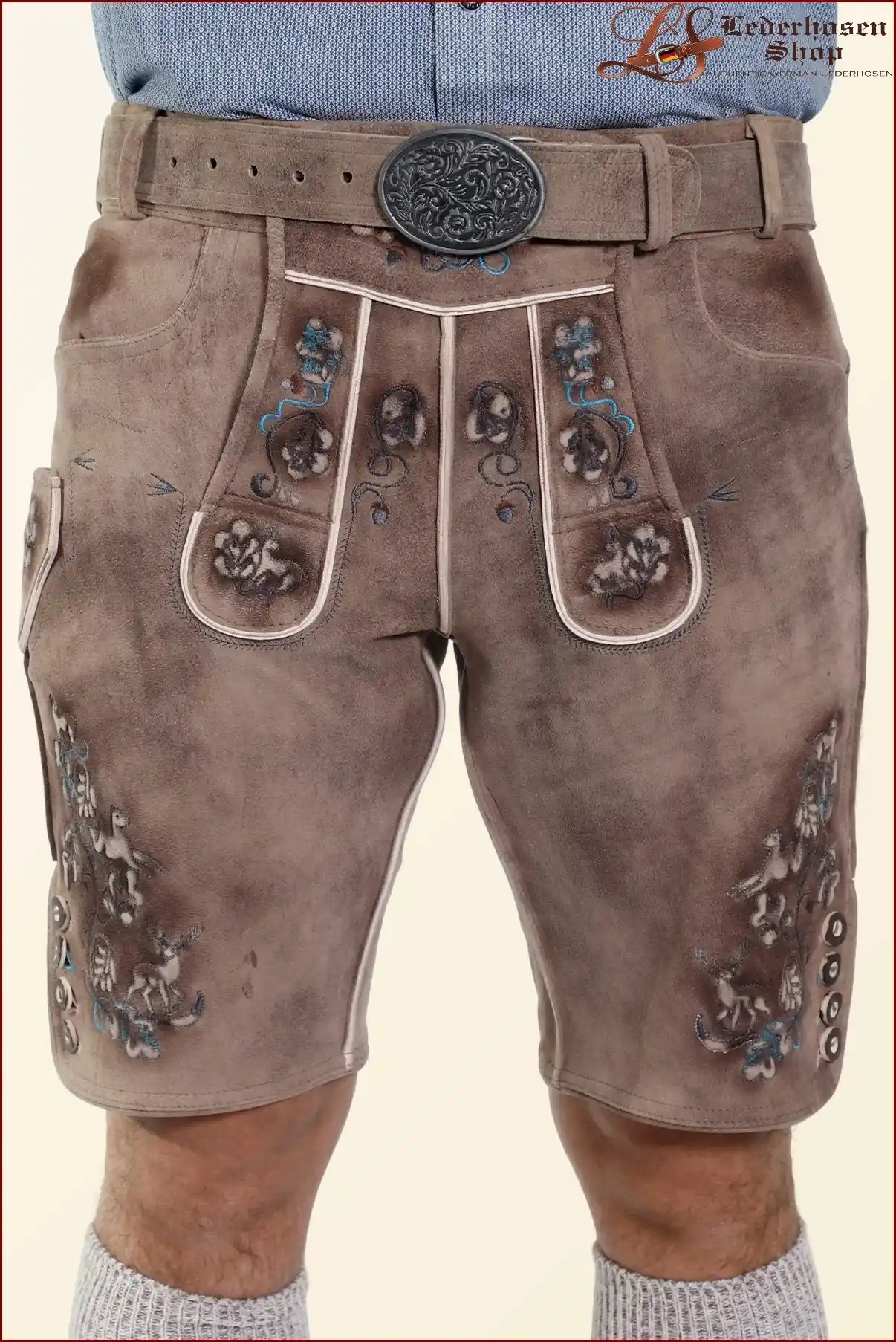 Faded Brown Mens Lederhosen with Sky Blue Embroidery