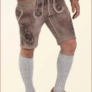 Faded Brown Mens Lederhosen with Sky Blue Embroidery