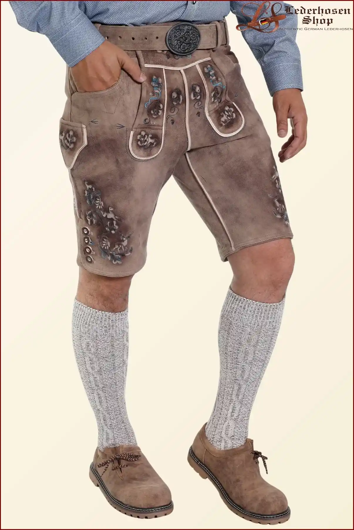 Faded Brown Mens Lederhosen with Sky Blue Embroidery