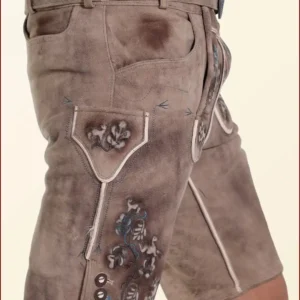 Faded Brown Mens Lederhosen with Sky Blue Embroidery