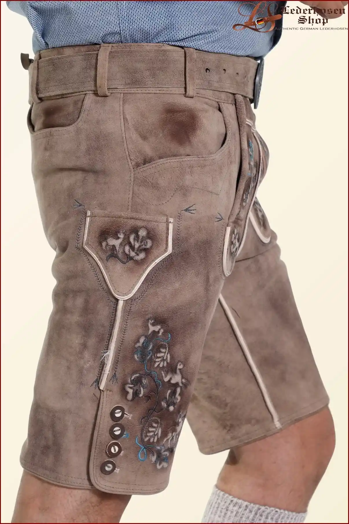 Faded Brown Mens Lederhosen with Sky Blue Embroidery