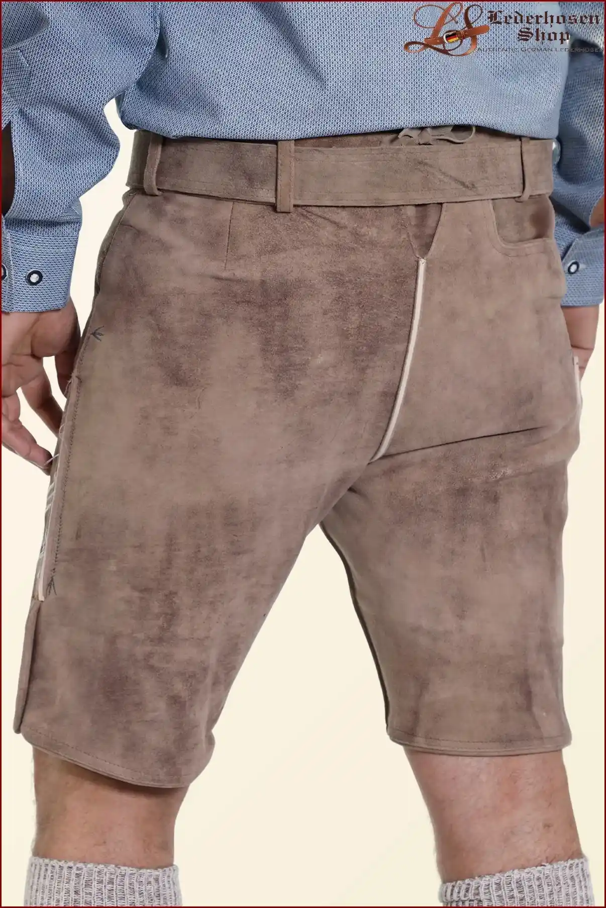 Faded Brown Mens Lederhosen with Sky Blue Embroidery
