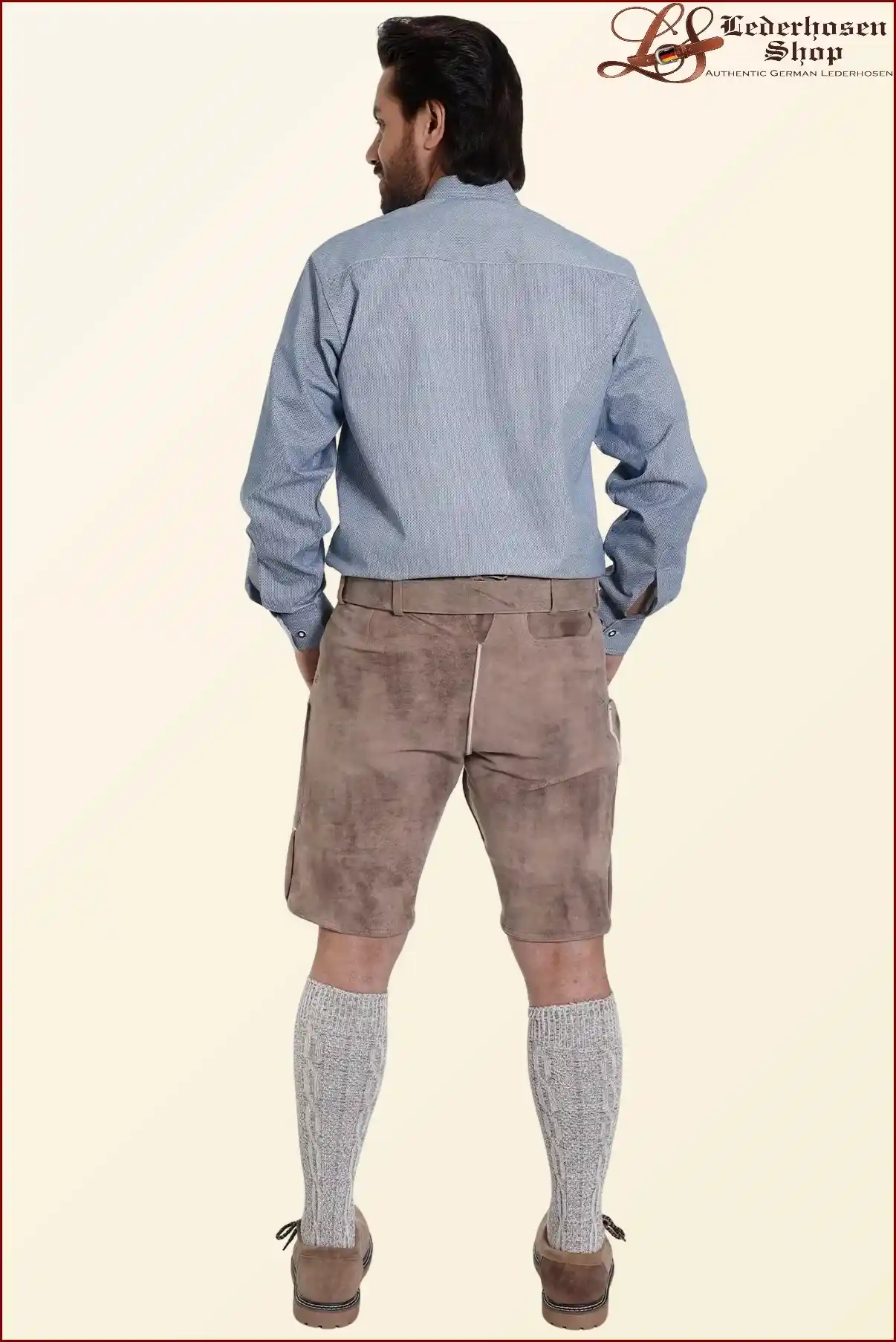 Faded Brown Mens Lederhosen with Sky Blue Embroidery