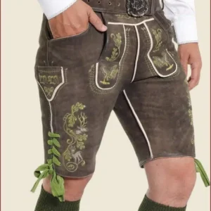 Forest Green Lederhosen with Traditional Embroidery