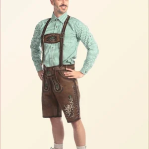 Handmade Dusky Brown Lederhosen with Green Embroidery