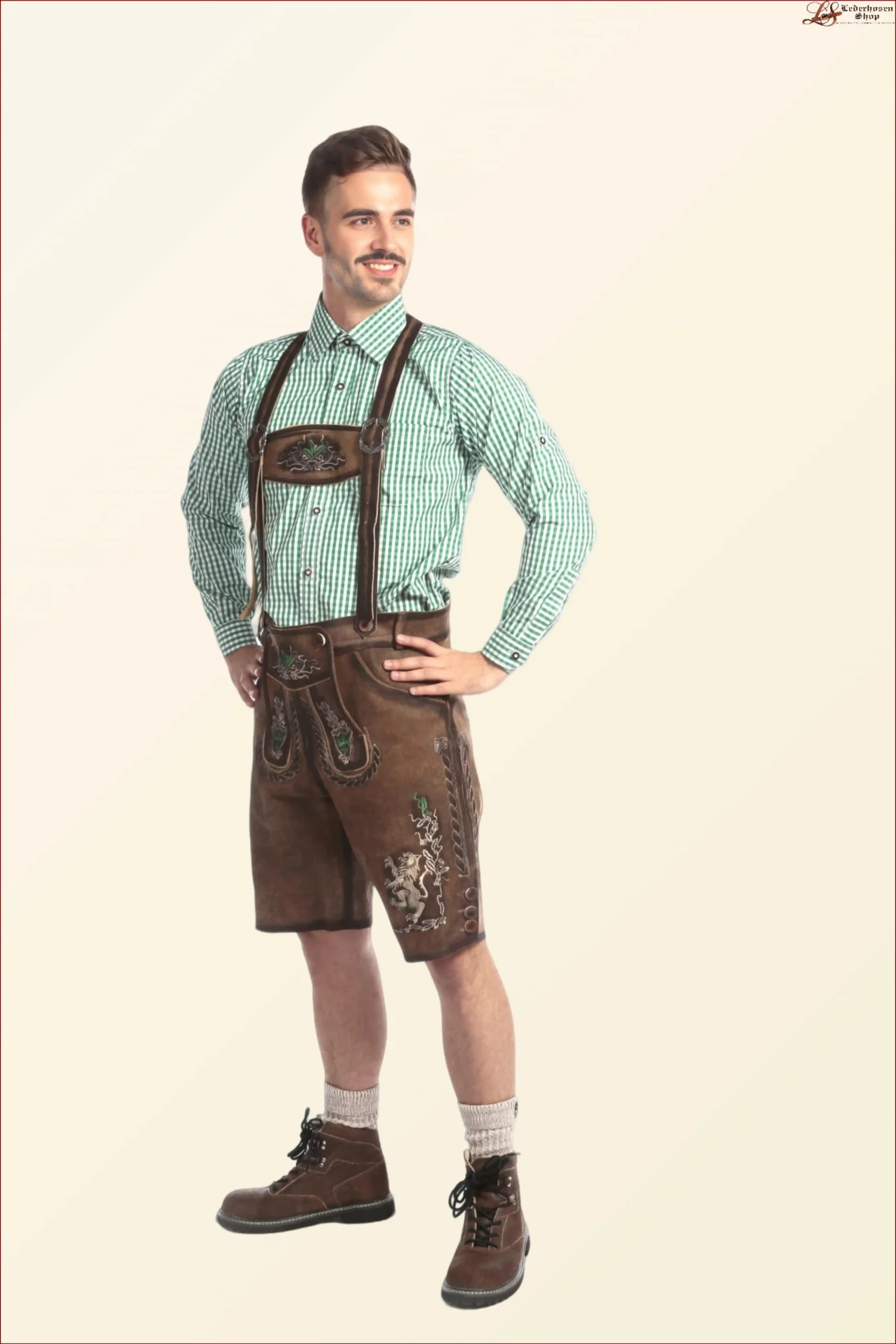 Handmade Dusky Brown Lederhosen with Green Embroidery