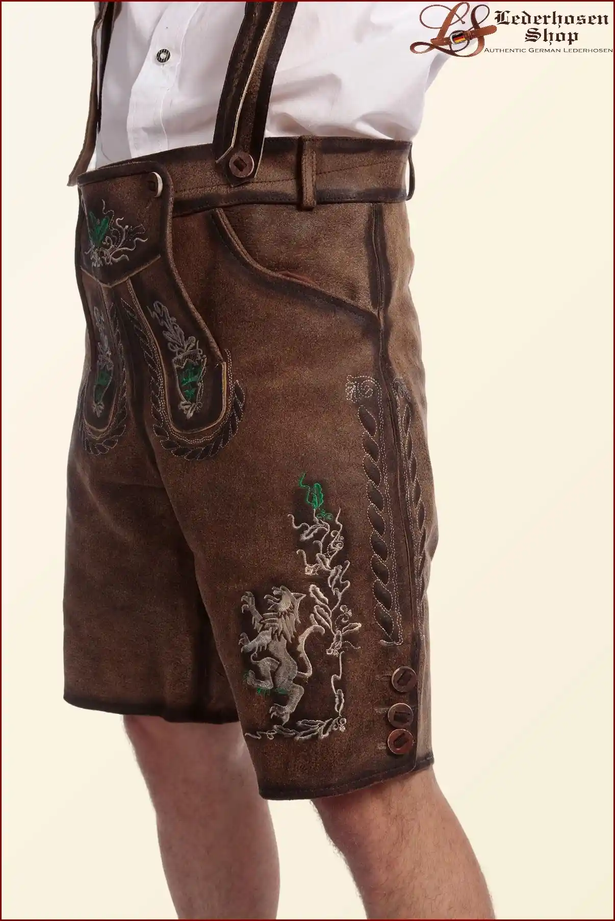 Handmade Dusky Brown Lederhosen with Green Embroidery