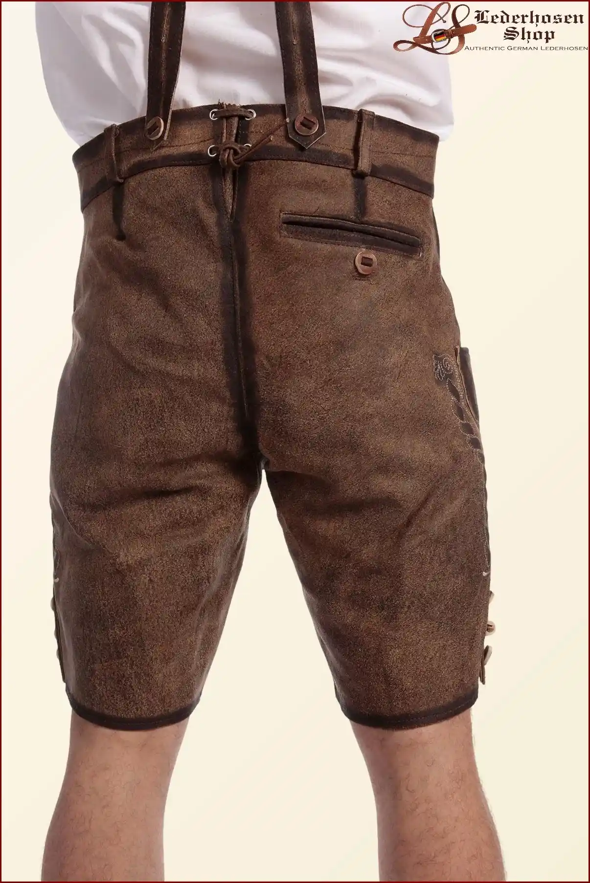 Handmade Dusky Brown Lederhosen with Green Embroidery