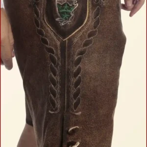 Handmade Dusky Brown Lederhosen with Green Embroidery