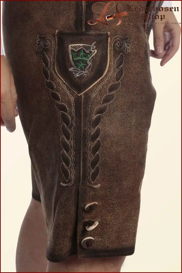 Handmade Dusky Brown Lederhosen with Green Embroidery
