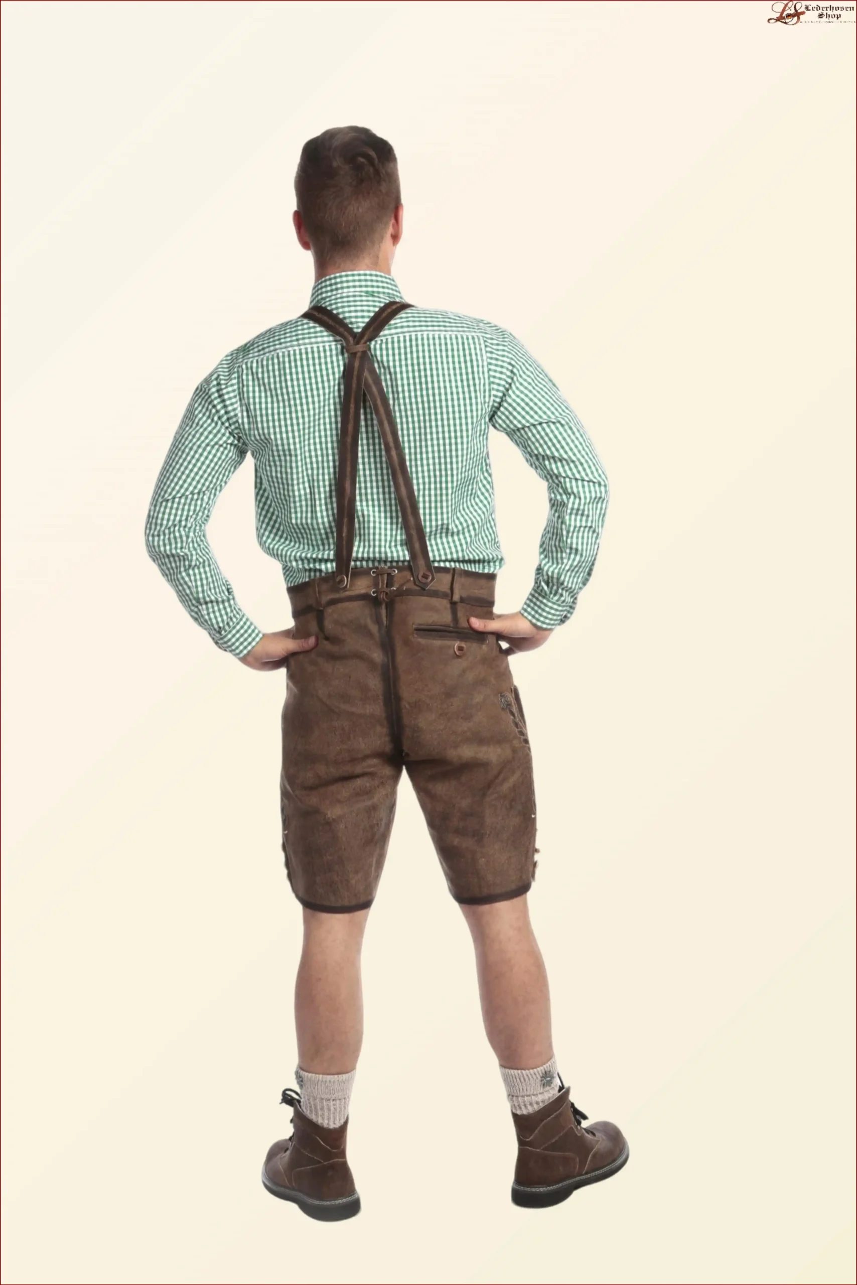 Handmade Dusky Brown Lederhosen with Green Embroidery