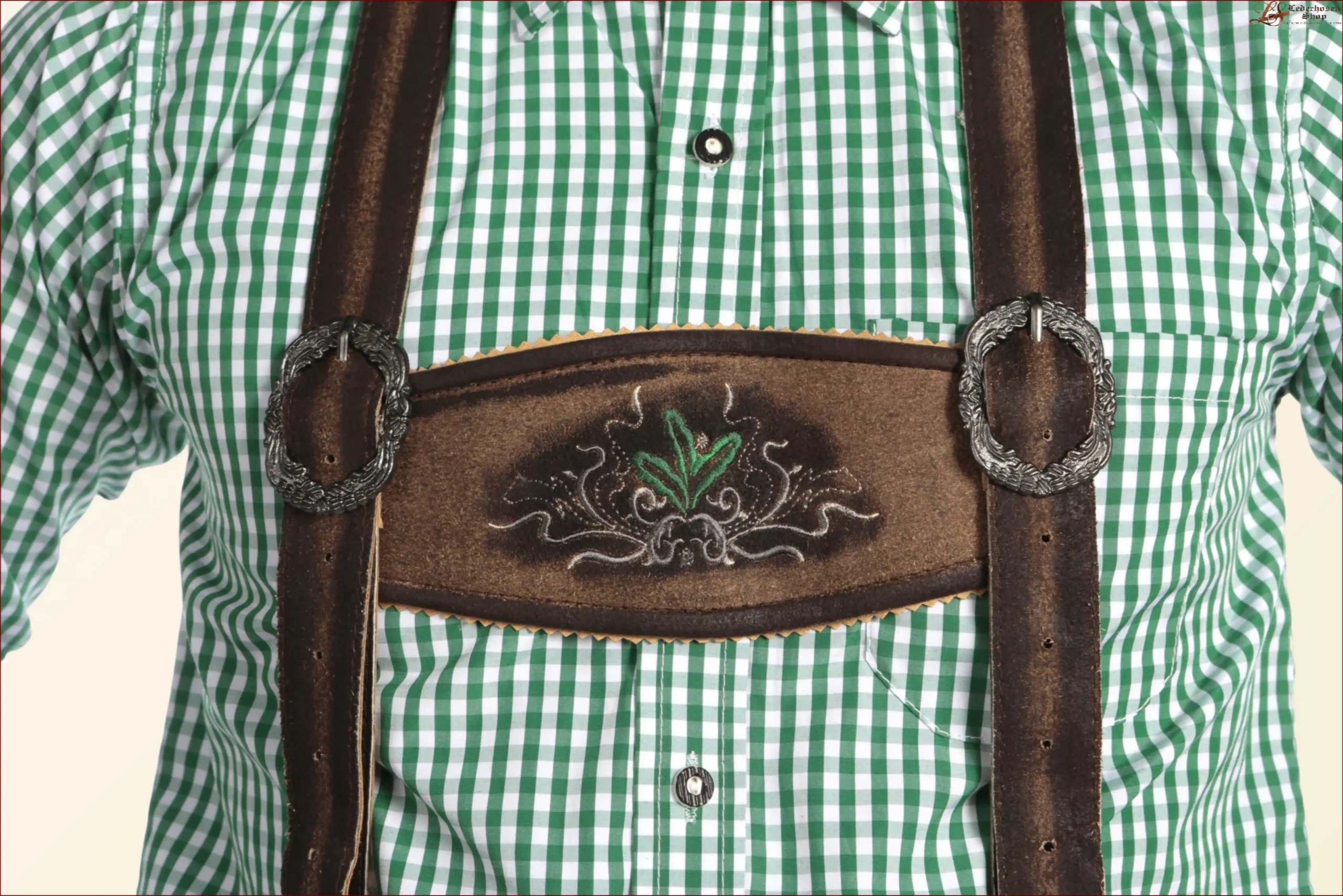 Handmade Dusky Brown Lederhosen with Green Embroidery