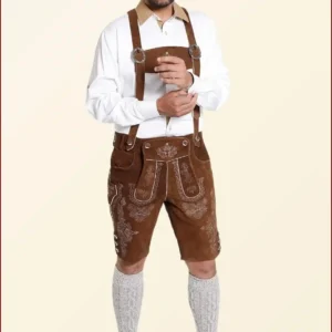 Iconic German outfits include lederhosen for men and dirndls for women, both of which are traditional Bavarian clothing often worn at cultural events and festivals.