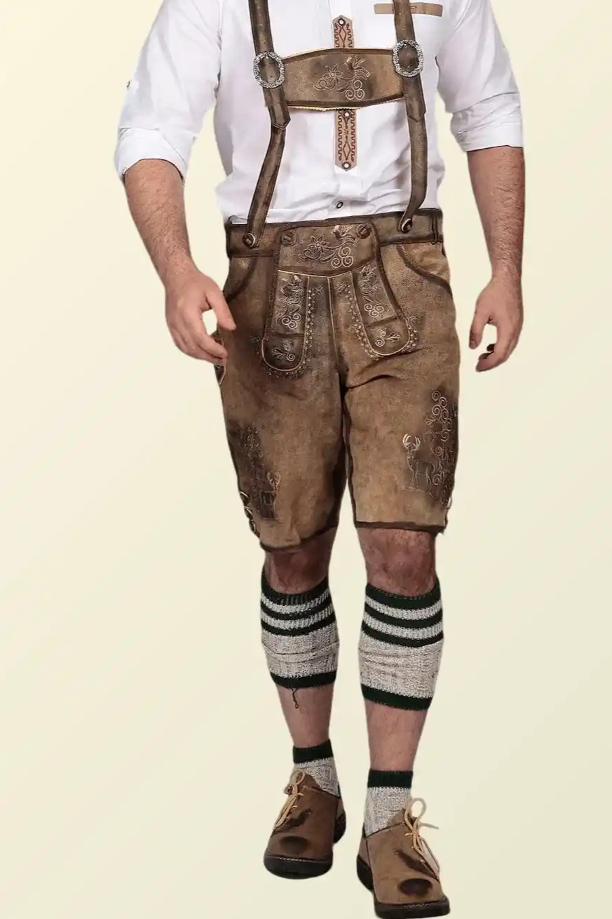 Traditional Trachten Lederhosen Short in Shaded Brown